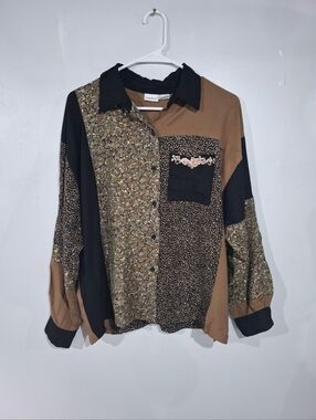 TOGETHER! Women XL Multi-Color Button Down Shirt Patchwork Floral Geometric Boho